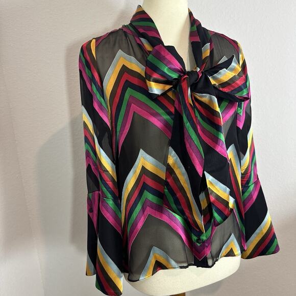 Alice + Olivia Colorful Striped Silk Bowtie Sheer Button Top Sz XS Blouse Preppy - Picture 3 of 12